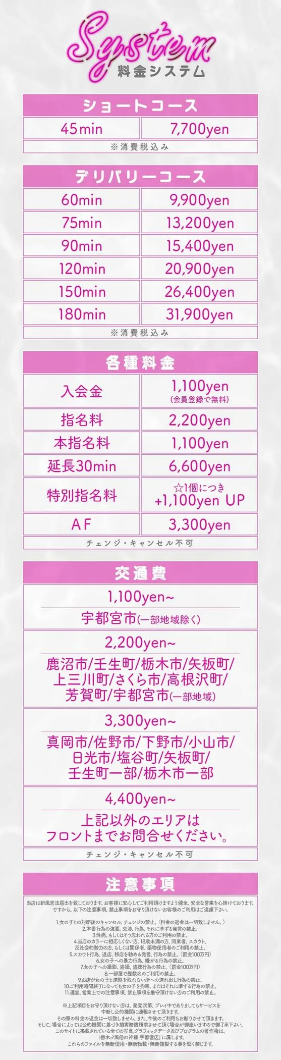 栃木♂風俗の神様 宇都宮店の料金表