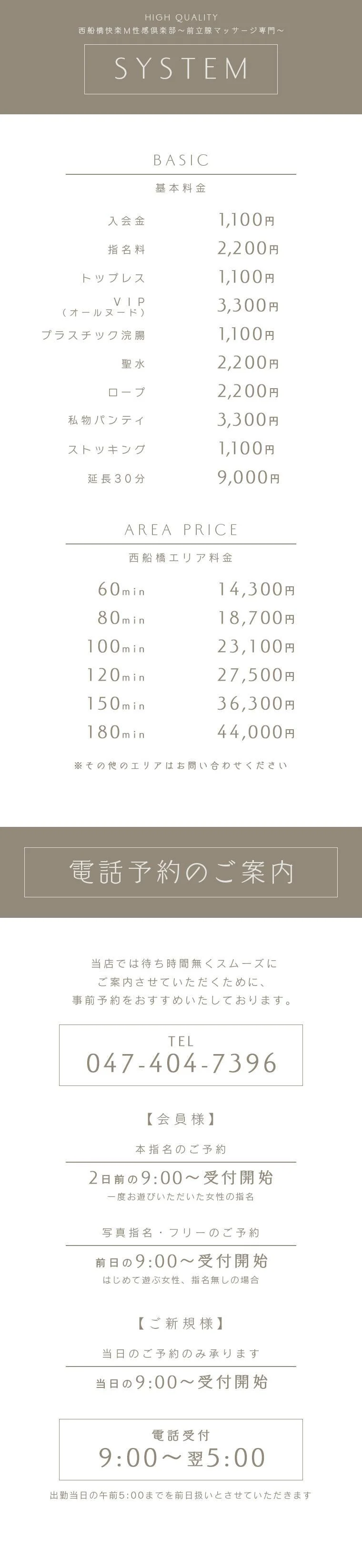 西船橋快楽Ｍ性感倶楽部～前立腺マッサージ専門～の料金表